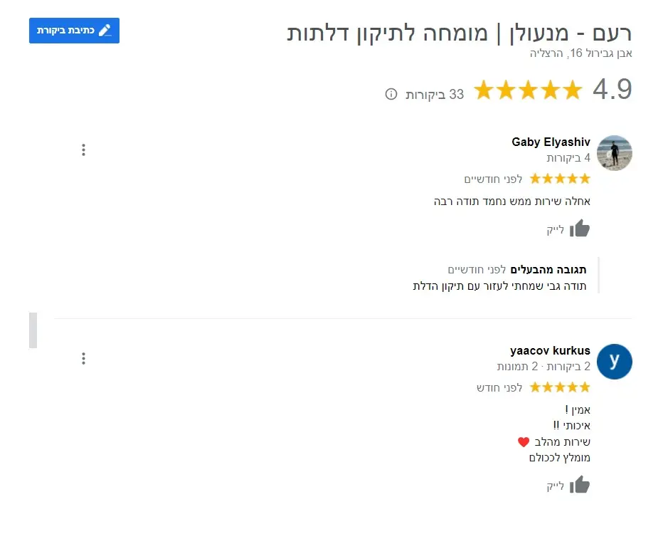 ביקרות אמיתיות של לקוחות שהזמינו תיקון דלתות
